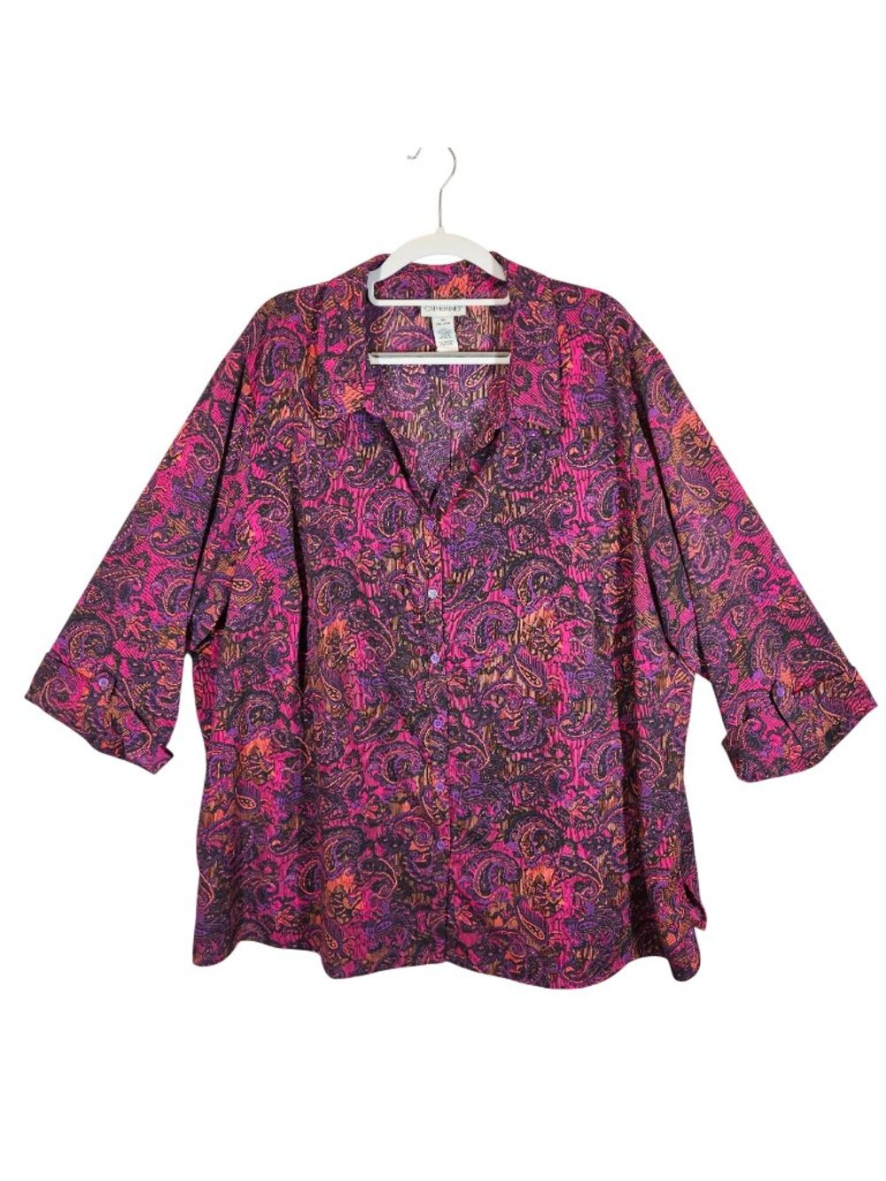 Catherines Blouse Womens 3X Colorful Paisley Button-Up tunic career office bold